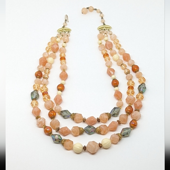 Vintage Jewelry - Vintage West Germany Peach and Iridescent Bead 3 Strand Necklace 16"